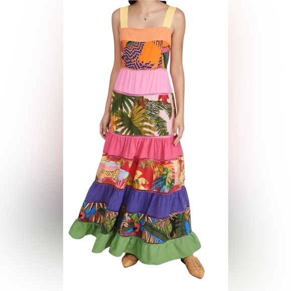 Farm Rio Rainbow Mixed Prints Maxi Dress Size Small Tiered Straps A Line Square - Picture 2 of 11